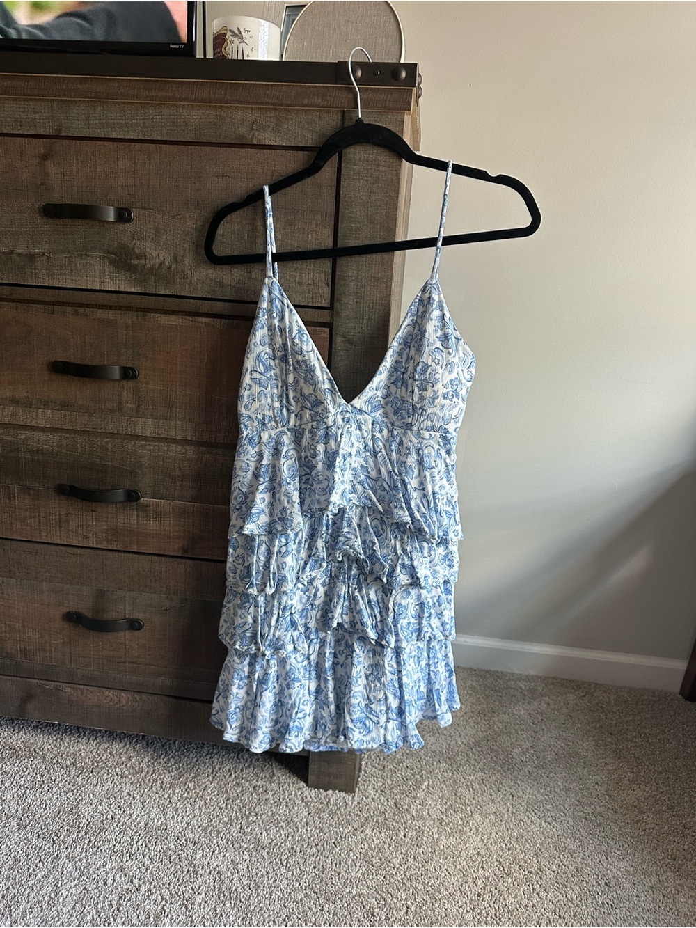 Hollister Light Blue and White Paisley Ruffle Mini Dress
